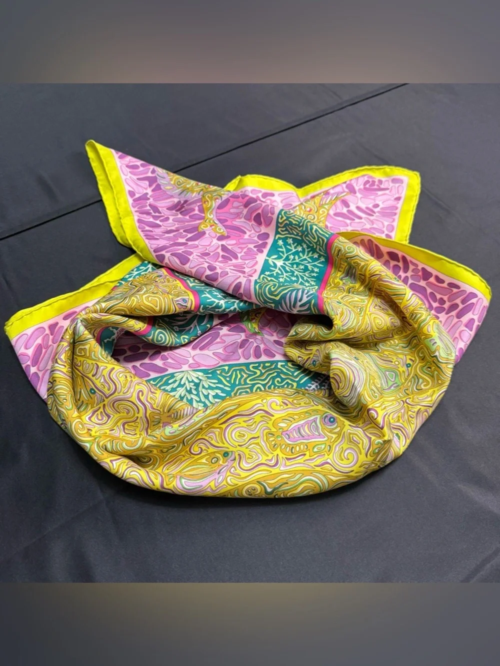 Hermes Silk Scarf Pink Yellow Green Fish La Legende Du Poisson Corail Coral - Picture 11 of 12